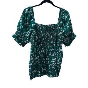 Shein Curve Green White Floral Smocked Puff Sleeve Crop Top Cottage Womens 2XL